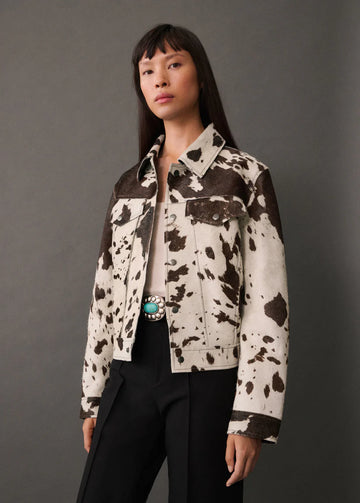 White and Cream Modernist Cow Hide Leather Jacket (women)